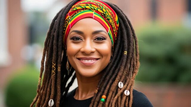 Beautiful adult black woman with decorated dreadlocks and a colorful headwrap smiling at the camera. Authentic portrait expressing confidence, pride and cultural identity. Wide banner format
