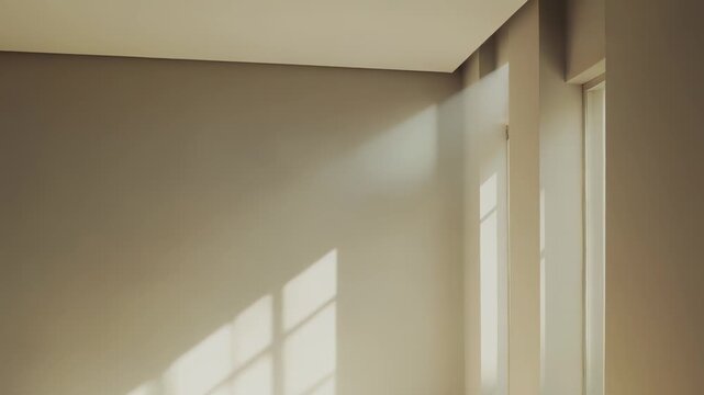 Minimalist interior space featuring white walls and floor, with warm sunlight creating geometric window shadows and bright reflections, evoking a sense of calm and openness