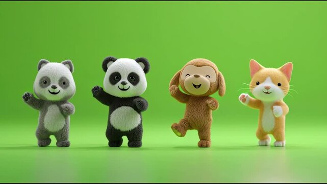 Adorable and cheerful 3D cartoon animal characters, including a panda, monkey, and cat, happily waving and playing together as playful friends on a vibrant green background