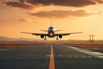 Obraz premium Airplane landing aircraft vehicle runway.