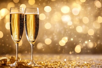 Two glasses of champagne on the table background bokeh wine.