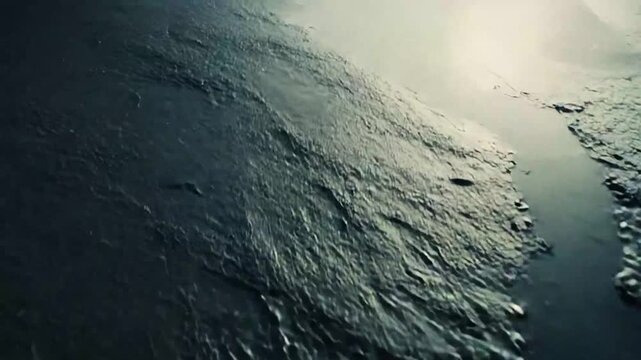 Dark crude oil and tar like sludge pooling on a textured surface, close up of industrial pollution and contamination evoking toxic waste, environmental damage, and desolation