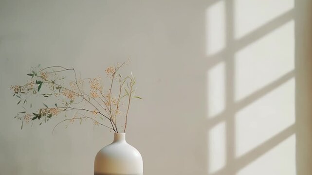 Minimalist ceramic vase with dried branches on a light wooden table, soft window light casting a grid of shadows on a neutral wall for a calm, modern home decor scene