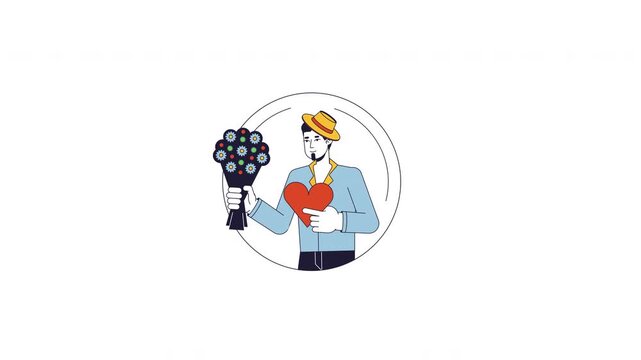 Lover archetype 2D cartoon avatar circle animation. Passionate emotion. Affectionate guy. Romantic man holding heart and flowers bouquet animated flat person round 4K video isolated on white