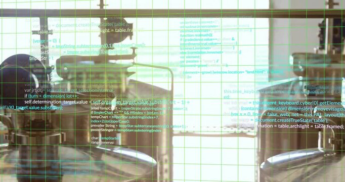 Sliding camera over stainless tanks fading grid and cascading code showing interface integration