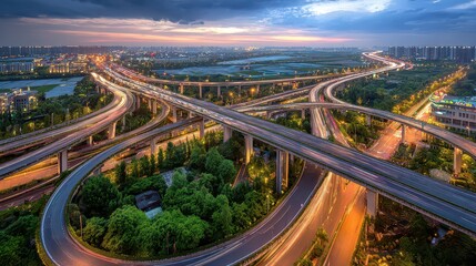 Illuminated Highway Overpass at Dusk with Green Trees and Modern Cityscape Under Cloudy Sky and Golden Lights with Dynamic Traffic