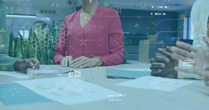 Business team sliding sticky notes causing hands stacking on animated chart overlay signaling unity