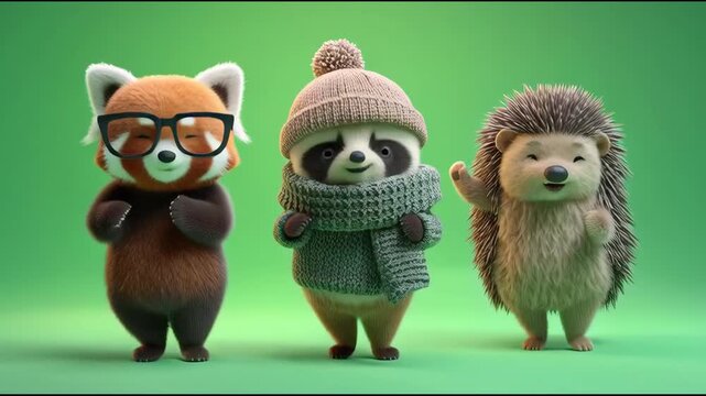 Cute cartoon animals dressed in winter clothes, a red panda, raccoon, and hedgehog