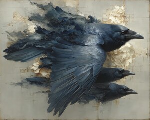 Obraz premium Artistic rendering of crows in flight, an ethereal and striking depiction of nature's powerful imagery