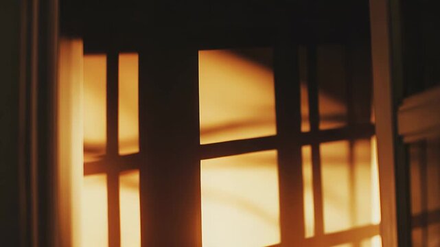 Golden sunbeams are illuminating an interior wall, creating a distinct grid pattern from a window shadow, evoking feelings of warmth, morning, and quiet solitude