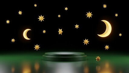 Fototapeta premium Glowing crescent moons and stars shining brightly in a dark night sky with a green and black background
