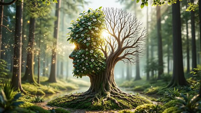 Symbolic Tree of Life and Death - This video features a tree with one half vibrant and full of life, with leaves and white flowers shaped into a human face.