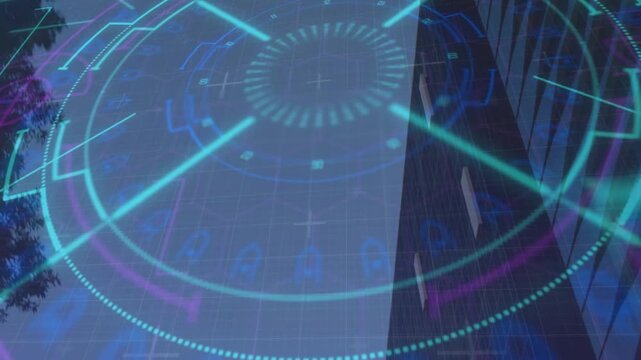 Translucent HUD appearing, pulsing rings and sweeping beams for scanning facade and canopy