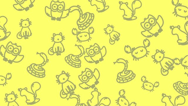 Cute Hand Drawn Animals Pattern Yellow Background Seamless Repeating.
