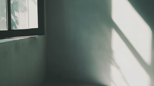 Sunlight beams through a window, casting distinct geometric shapes and abstract leaf patterns onto the plain white walls and concrete floor of an empty, minimalist room
