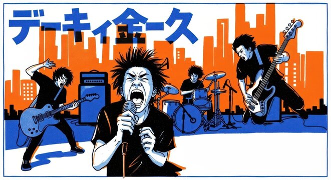 Energetic musical quartet performs intensely against an urban backdrop illustration