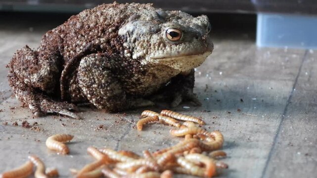 close up view of common toad eating mealworms