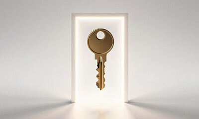 Golden key suspended in midair unlocking a glowing invisible door, minimal gradient background, symbol of opportunity and new beginnings, cinematic