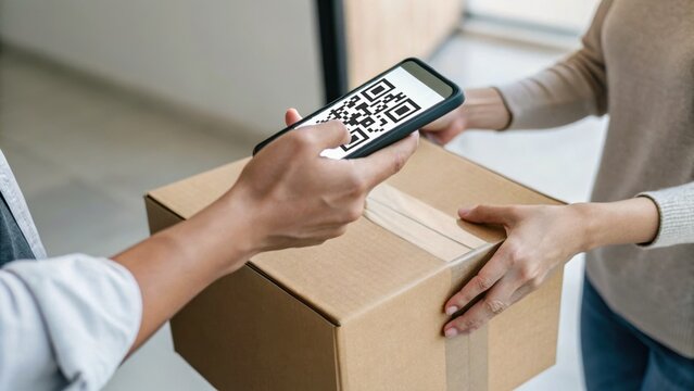 A person scans a QR code on a smartphone while handing over a package, representing modern delivery and technology integration.