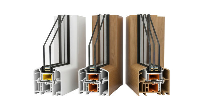 hyperdetailed close-up of three window profile technical cutaways (white pvc and oak wood-grain composite), showing quadruple-pane low-e glass and internal thermal chambers on transparent background.