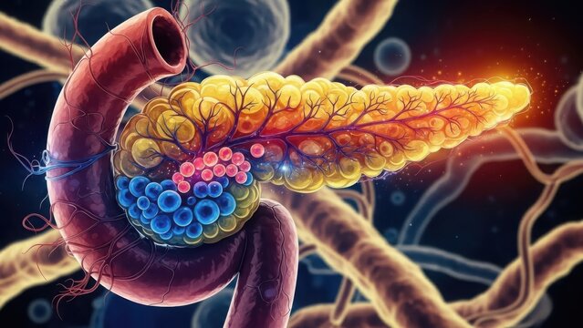 Detailed illustration of pancreas with blood vessels and cells