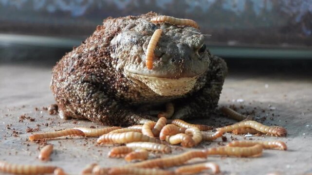 close up view of common toad eating mealworms