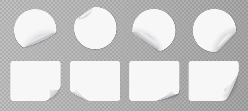 Clean white sticker and tag set with peel flip or curl for note card and ad. Flat vector mockup with round edge for web app sale badge or print. Blank sheet page with tear slip.