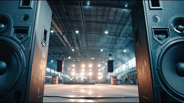 PA Speakers Set up on Stage in Industrial Venue Preparing for Soundcheck and Performance Later in the Evening