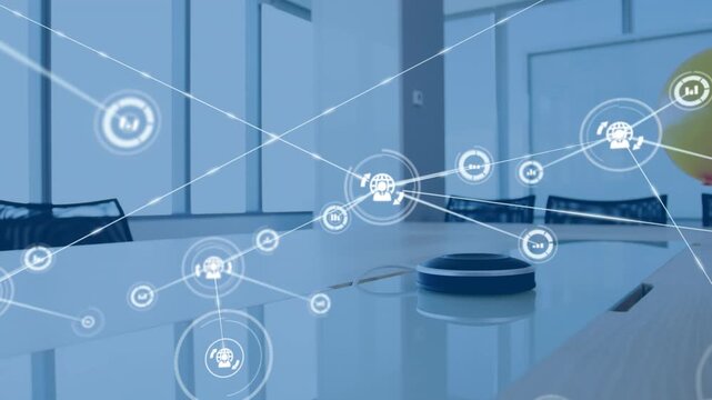 Animation of network of connections with icons over yellow balloon over desk