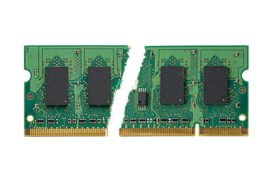 Broken computer RAM memory module on white background. Memory deficit and data shortage concepts symbolizing the global tech supply crisis