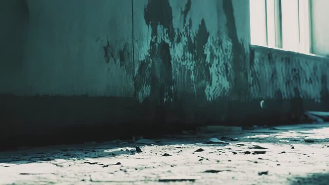 Dusty textured concrete floor in a derelict building, morning light through a broken window casting long shadows over debris and peeling surfaces, evoking urban decay and abandonment