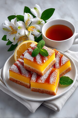Delicious lemon dessert served with tea and garnished with mint and flowers on a table during a sunny afternoon