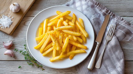 Freshly cooked french fries served on a white plate with garlic and salt on a wooden board nearby