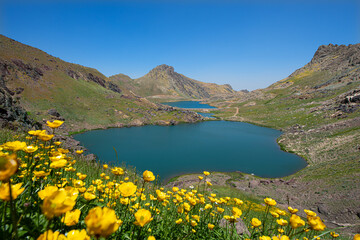 A lake in the mountains, natural scenery, green meadows, snow-capped mountains, blue sky, winter season. Lake views in bloom in spring. Hakkari Cilo Sat Lakes. A lake view in the mountains. 