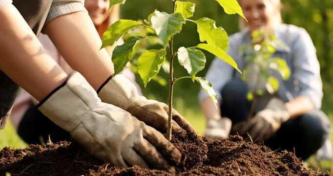 Close up hands planting green tree sapling