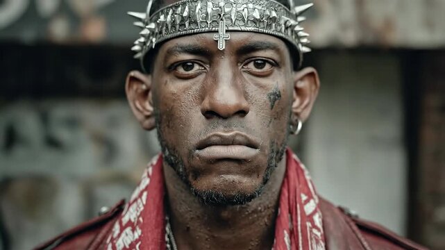 African American man in punk headgear with facial tattoos. Serious pose in leather jacket and red scarf. Urban rebellious fashion and street style concept.
