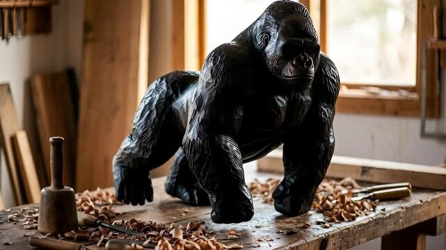Hand carved wooden gorilla sculpture in artisan workshop, hand carved wooden gorilla sculpture showing craftsmanship detail, hand carved wooden gorilla sculpture as wildlife art decor 