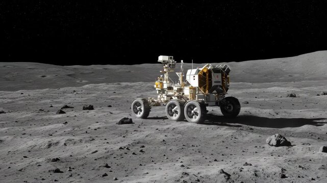 Lunar Rover Exploring Gray Planetary Surface Under Starry Sky Space Exploration Concept