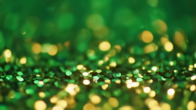 Green and gold shimmering bokeh background with scattered light and soft focus