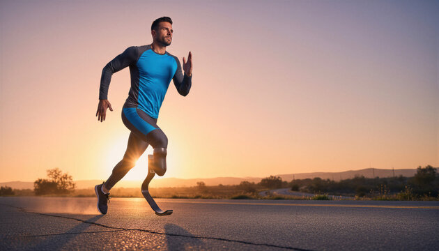 Active disabled male runner with artificial prosthetic leg sprinting fast on asphalt road at sunset during sport fitness training and outdoor exercise workout.