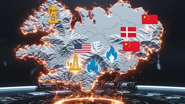 Greenland Strategic Importance Involving Global Superpowers, Greenland geopolitical 3D map with US Denmark and China flags