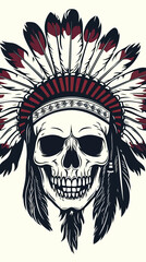 Fototapeta premium American Indian skull with traditional feathered headdress detailed illustration in minimalist flat vector style for cultural and tribal design concept