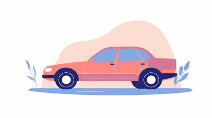 Obraz premium Minimalist flat vector illustration of pink passenger car side view with stylized blue background and abstract plant elements for transport concept