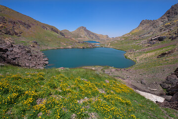 A lake in the mountains, natural scenery, green meadows, snow-capped mountains, blue sky, winter season. Lake views in bloom in spring. Hakkari Cilo Sat Lakes. A lake view in the mountains. 