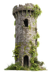 Fototapeta premium Old stone tower with green vines and plants on a transparent background