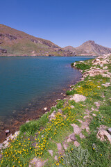 A lake in the mountains, natural scenery, green meadows, snow-capped mountains, blue sky, winter season. Lake views in bloom in spring. Hakkari Cilo Sat Lakes. A lake view in the mountains. 