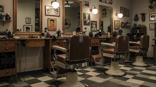 Detailed Barber Shop Interior with Brown Swivel Chairs Mirrors and Checkered Flooring and Vintage Decor and Wood Tables And Shelves
