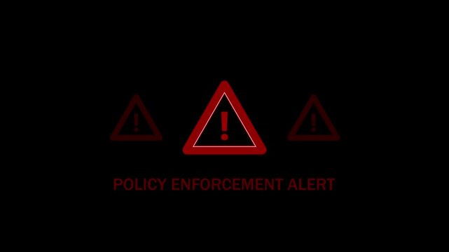 Policy enforcement alert warning. Cyber security defense and secure digital systems protection against cyber attacks. Urgent threat notification concept.