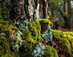Fototapeta premium A close-up of a moss-covered tree trunk in a forest (3)