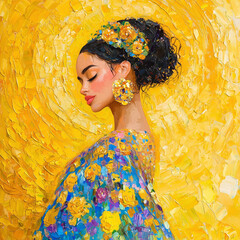 Young woman wears a colorful dress with flowers and stands in front of a bright yellow background with a sunny design, wall art poster